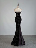 Niulatu Mermaid Spaghetti Straps Black Sequin Floor Length Prom Dresses Evening Dress HZ1110