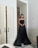 Niulatu Sheath Strapless Black Satin Long Prom Dress With Train HZ1110
