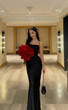 Niulatu Sheath Spaghetti Straps Black Satin Long Prom Dresses HZ1110