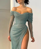 Niulatu Sheath Off The Shoulder Sequin Burgundy Slit Long Prom Dresses HZ1110