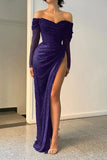Niulatu Sheath Off The Shoulder Sequin Burgundy Slit Long Prom Dresses HZ1110
