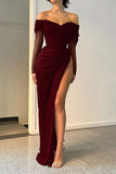 Niulatu Sheath Off The Shoulder Sequin Burgundy Slit Long Prom Dresses HZ1110