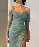 Niulatu Sheath Off The Shoulder Sequin Burgundy Slit Long Prom Dresses HZ1110