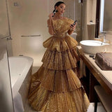 Niulatu Ball Gown Strapless Gold Sequin Long Prom Dresses Evening Dress HZ1110