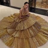 Niulatu Ball Gown Strapless Gold Sequin Long Prom Dresses Evening Dress HZ1110