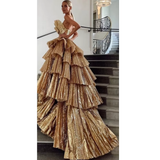 Niulatu Ball Gown Strapless Gold Sequin Long Prom Dresses Evening Dress HZ1110