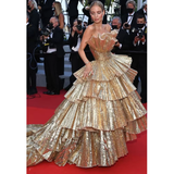 Niulatu Ball Gown Strapless Gold Sequin Long Prom Dresses Evening Dress HZ1110