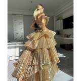 Niulatu Ball Gown Strapless Gold Sequin Long Prom Dresses Evening Dress HZ1110
