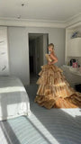 Niulatu Ball Gown Strapless Gold Sequin Long Prom Dresses Evening Dress HZ1110