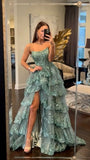 Niulatu Ball Gown Strapless Light Green Lace Long Prom Dresses Evening Dress HZ1110