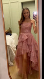 Niulatu High Low Strapless Pink Sequin Long Prom Dresses Evening Dress HZ1110