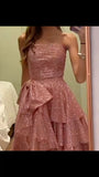 Niulatu High Low Strapless Pink Sequin Long Prom Dresses Evening Dress HZ1110