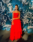 Niulatu A Line Strapless Red Tulle Long Prom Dresses Ruffles Evening Dress HZ1110