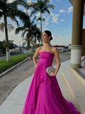 Niulatu A Line Strapless Satin Long Prom Dresses Ruffles Evening Dress HZ1110