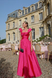 Niulatu A Line Straps Hot Pink Satin Long Prom Dresses Ruffles Evening Dress HZ1110