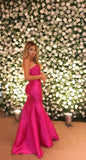 Niulatu Mermaid Strapless Hot Pink Satin Long Prom Dresses Ruffles Evening Dress HZ1110