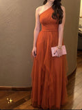 Niulatu A line One Shoulder Rust Orange Tulle Long Prom Dresses Ruffles Evening Dress HZ1110