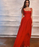 Niulatu A line Straps Red Tulle Long Prom Dresses Ruffles Evening Dress HZ1110