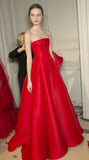 Niulatu Ball Gown Strapless Red Satin Long Prom Dresses Ruffles Evening Dress HZ1110