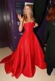 Niulatu Ball Gown Strapless Red Satin Long Prom Dresses Evening Dress HZ1110