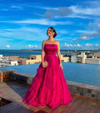 Niulatu Ball Gown Strapless Tulle Long Prom Dresses Evening Dress With Ruffles HZ1110