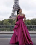 Niulatu Ball Gown Sweetheart Pink Satin Long Prom Dresses Evening Dress With Ruffles HZ1110