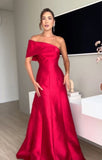 Niulatu A line One Shoulder Red Satin Long Prom Dresses Evening Dress HZ1110