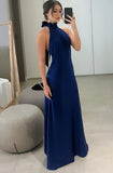 Niulatu A line High Neckline Streachable Satin Navy Blue Long Prom Dresses Evening Dress HZ1110