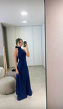 Niulatu A line High Neckline Streachable Satin Navy Blue Long Prom Dresses Evening Dress HZ1110