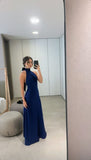 Niulatu A line High Neckline Streachable Satin Navy Blue Long Prom Dresses Evening Dress HZ1110