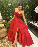Niulatu A line Strapless Red Satin Slit Long Prom Dresses Evening Dress HZ1110