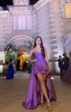 Niulatu High Low Strapless Light Grape Satin Prom Dresses Evening Dress With Layers HZ1110