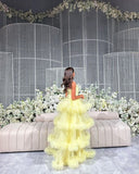 Niulatu Ball Gown Spaghetti Straps Yellow Tulle Layers Prom Dresses Evening Dress HZ1110