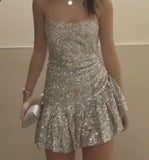Niulatu A line Strapless 18th Birthday Dress Sequin Homecoming Dresses Short Silver Party Dress HZ1110