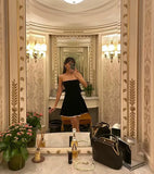 Niulatu A Line Strapless Black Velvet Birthday Outfits Short Homecoming Dress HZ1110