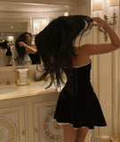 Niulatu A Line Strapless Black Velvet Birthday Outfits Short Homecoming Dress HZ1110