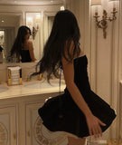 Niulatu A Line Strapless Black Velvet Birthday Outfits Short Homecoming Dress HZ1110