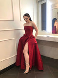 Niulatu A line Strapless Sleeveless Burgundy Slit Long Prom Dresses Evening Dress HZ1110