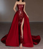 Niulatu Strapless Red A Line Long Prom Dresses With Slit HZ1110