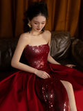Niulatu Sheath Strapless Burgundy Sleeveless Long Party Dress Sequin Prom Dresses SD1460