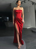 Niulatu Sheath Corset Satin Ruched Strapless Sleeveless Red Prom Dresses HZ1110