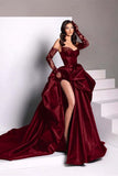 Niulatu Sweetheart Slit Prom Dress With Long Lace Gloves Burgundy Prom Dresses HZ1110