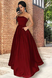 Niulatu A line Strapless Burgundy Prom Dress With Pockets HZ1110