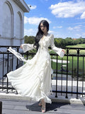 Niulatu A line Chiffon Long Sleeves White Prom Dress With Layers HZ1110