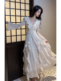 Niulatu A line Chiffon Long Sleeves White Prom Dress With Layers HZ1110