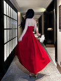 Niulatu A line Straps Red Long Satin Prom Dresses Formal Evening Dress HZ1110