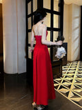 Niulatu A line Straps Red Long Satin Prom Dresses Formal Evening Dress HZ1110