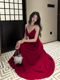 Niulatu A line Straps Red Long Satin Prom Dresses Formal Evening Dress HZ1110