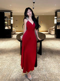 Niulatu A line Straps Red Long Satin Prom Dresses Formal Evening Dress HZ1110