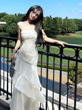 Niulatu Sheath Spaghetti Straps White Layers Long Prom Dresses Evening Dress HZ1110